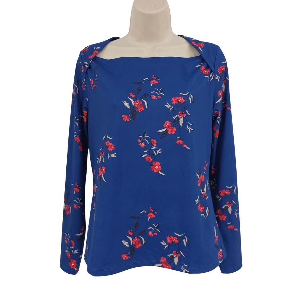 Ann Taylor Jersey Floral Top Women S Blue Square Neck Stretch Preppy Trendy
